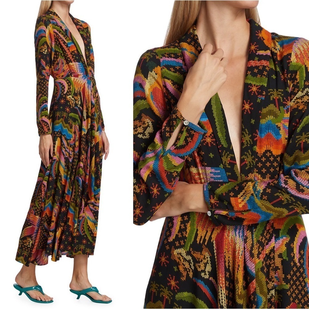 Farm Rio • Macaw Island Dress long sleeve maxi black cross stitch print - Picture 7 of 16